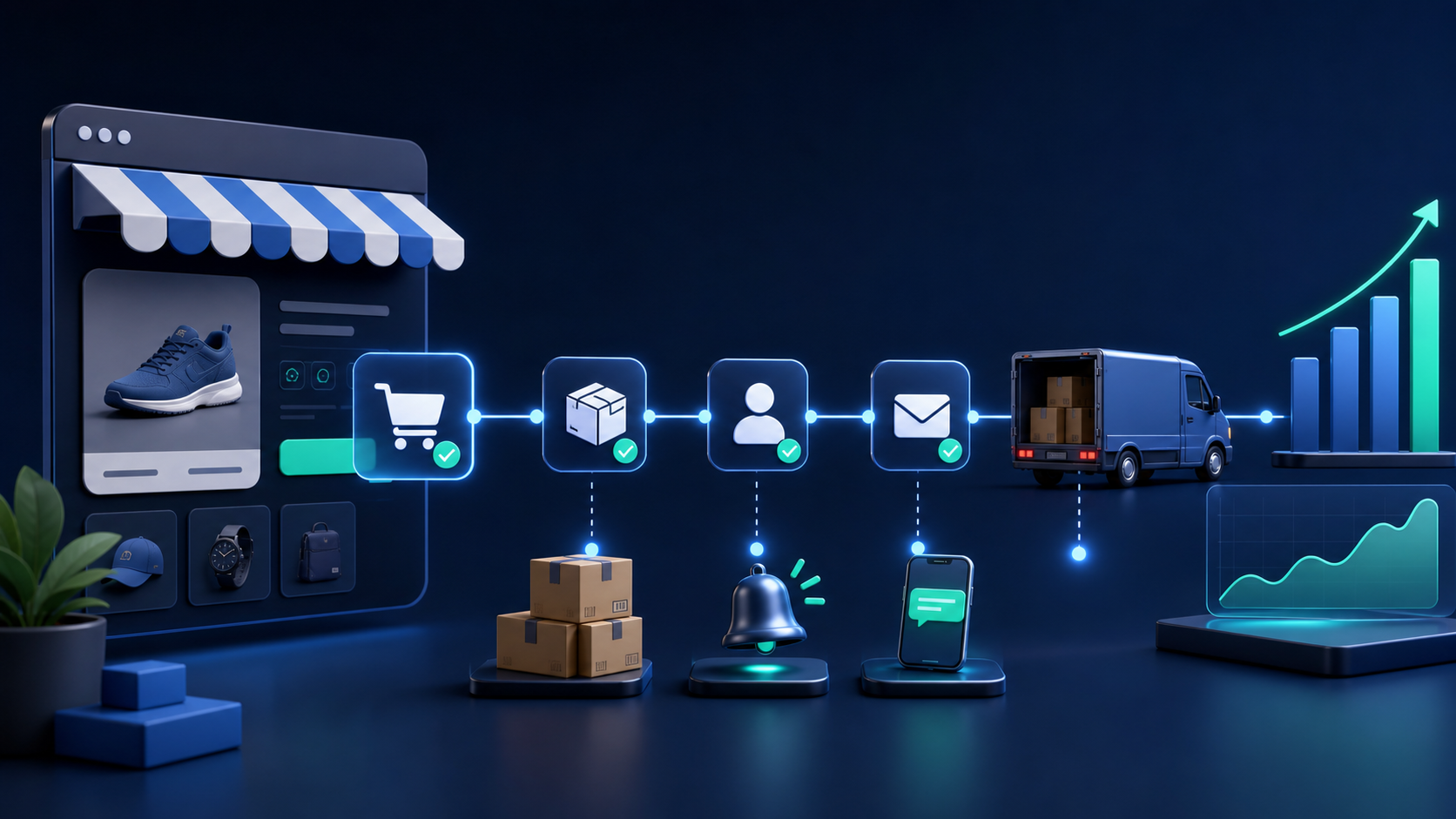 Automated e-commerce workflow connecting an online order, package, customer notification, delivery and business growth analytics.