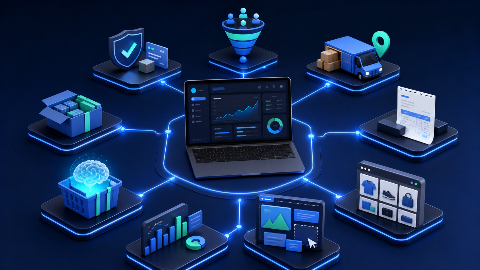 Jeepno commerce dashboard connected to nine plugin capabilities for ecommerce, funnels, delivery, invoices, tracking, orders, bundles and page building.