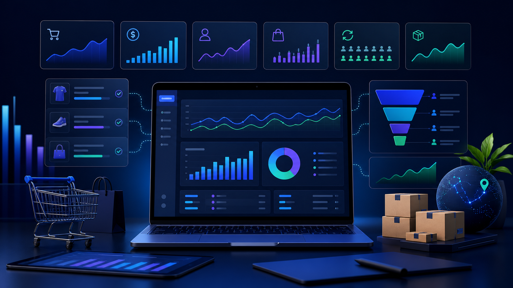 E-commerce analytics dashboard showing orders, revenue, conversion, repeat customers, products and fulfilment performance.