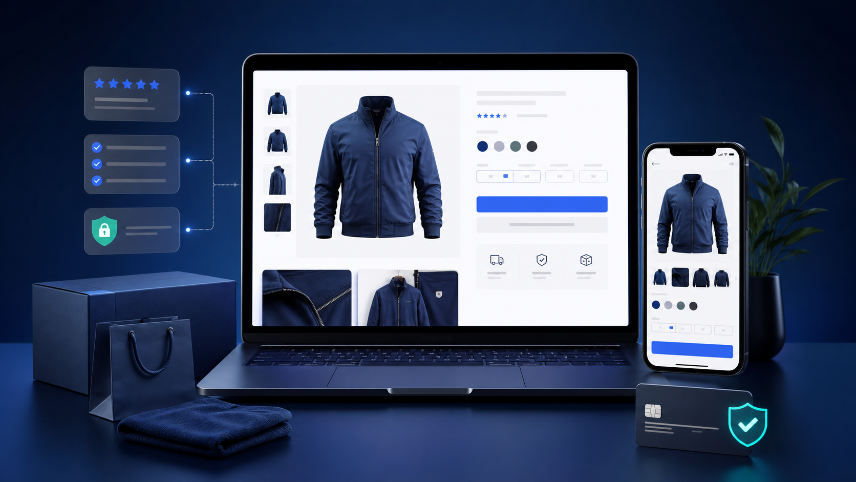High-converting e-commerce product page displayed on laptop and mobile with product images, variants, reviews and secure checkout signals.
