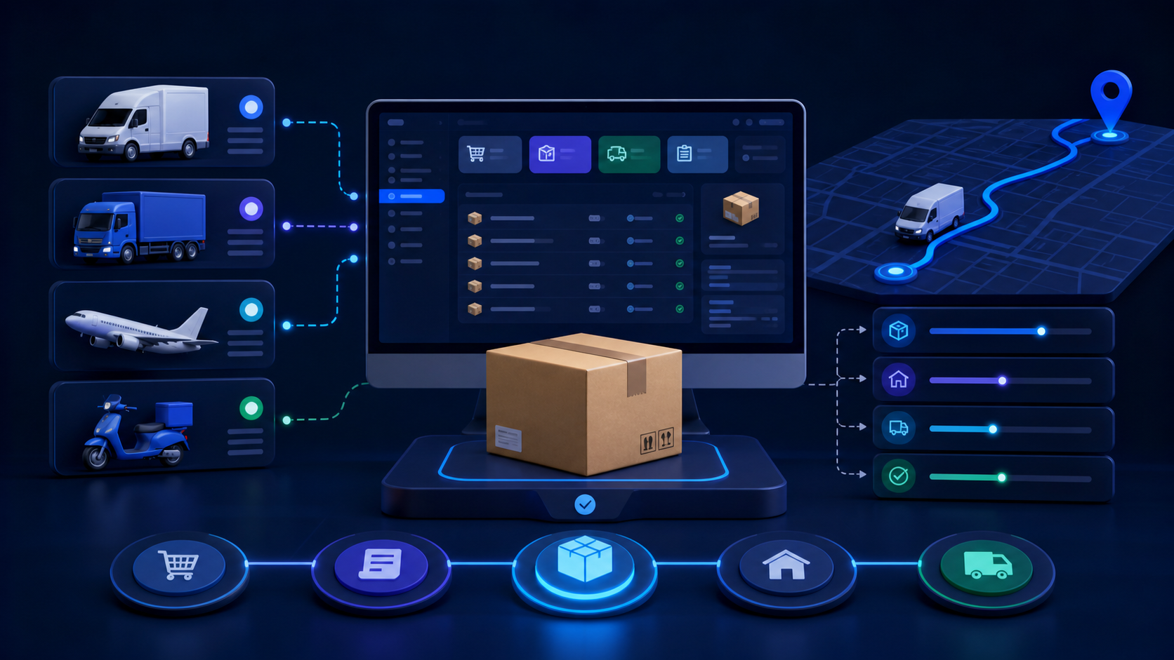Ecommerce dashboard connecting an order parcel to multiple courier accounts, delivery stages and route tracking.