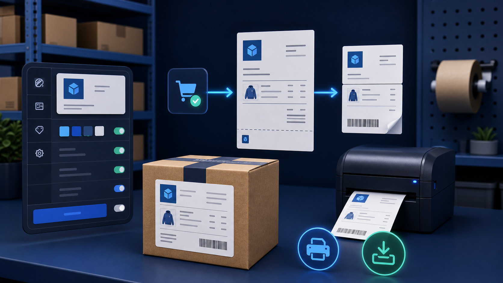 Ecommerce order becoming a configurable branded invoice and printable packing document beside a parcel and printer.