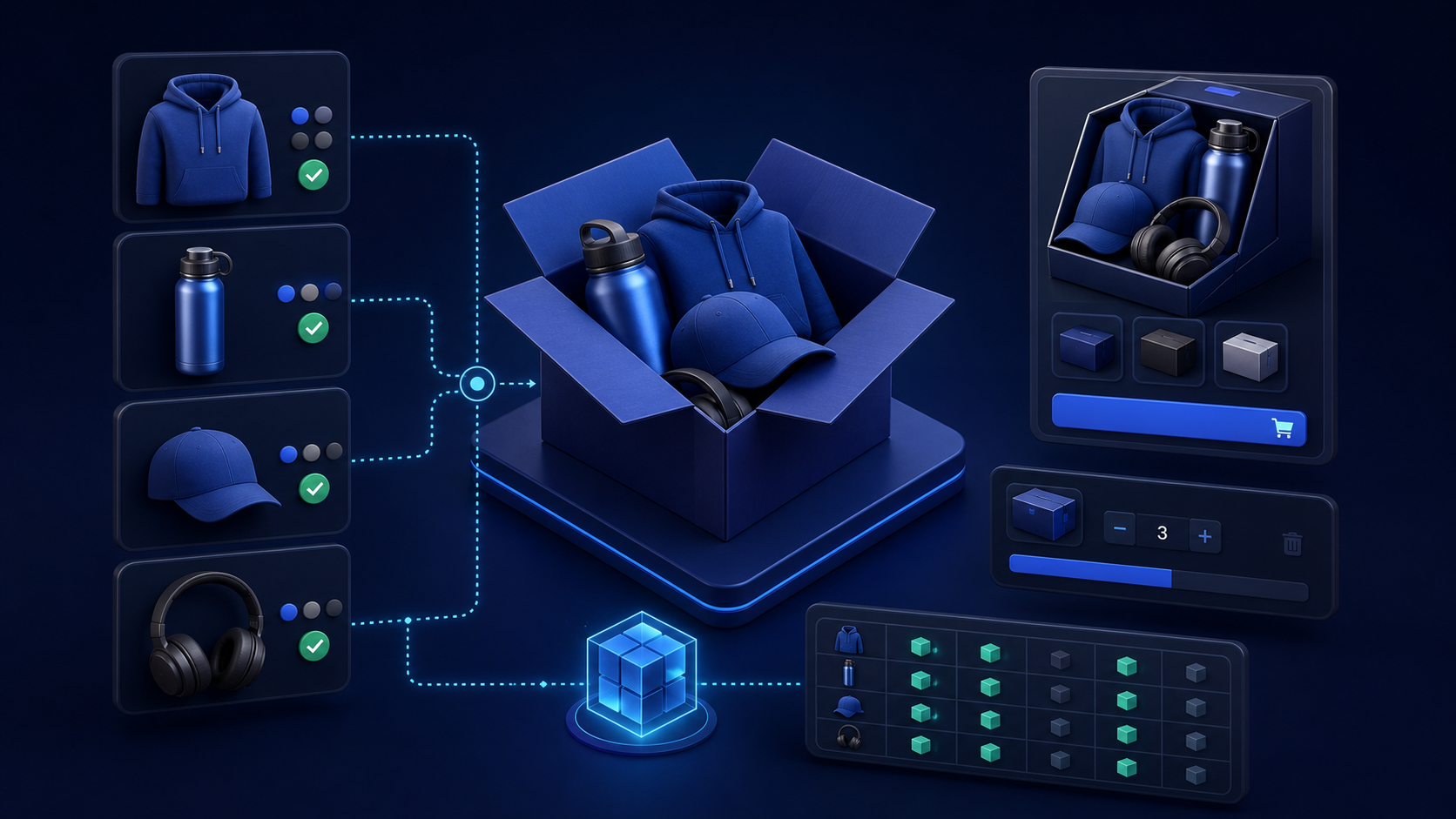 Several products and variants combined into a fixed ecommerce package with stock capacity, storefront and order snapshot controls.