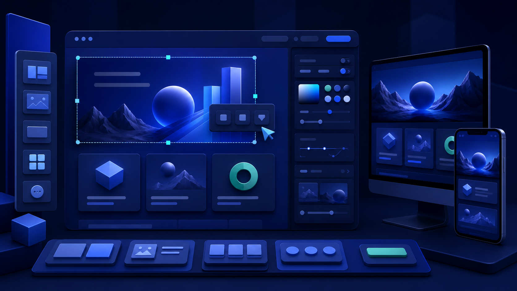 Visual website builder canvas with draggable sections, editing controls and responsive desktop and mobile previews.