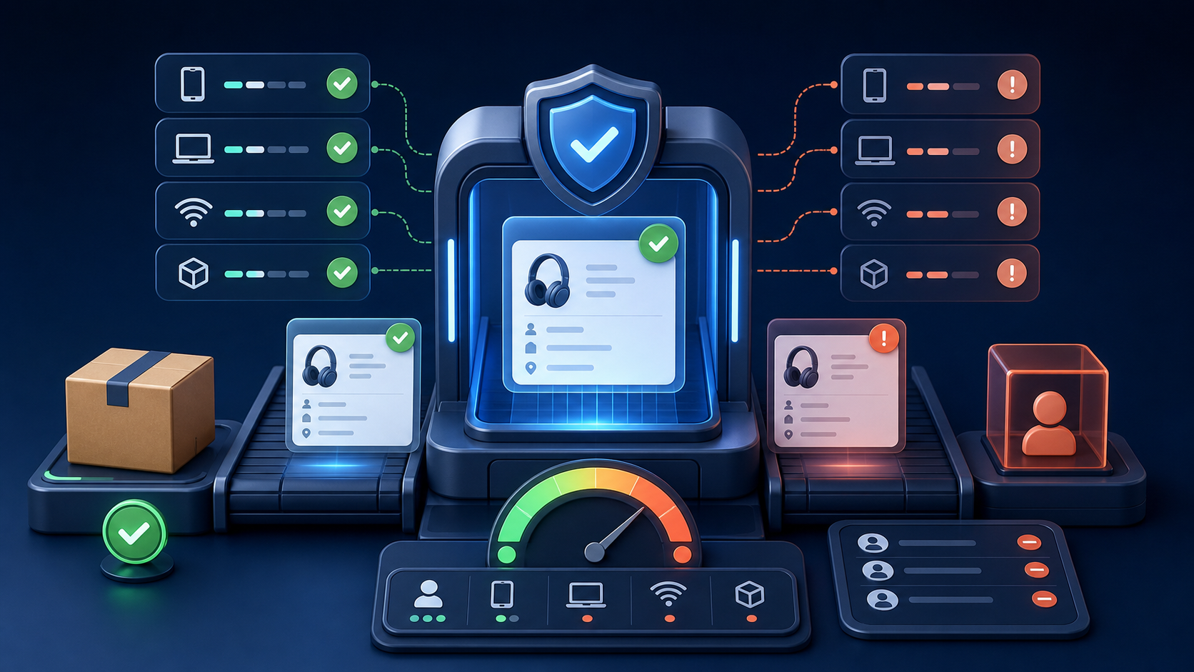 Ecommerce order passing through a risk scanner that compares phone, device, network and product signals before parcel fulfillment.