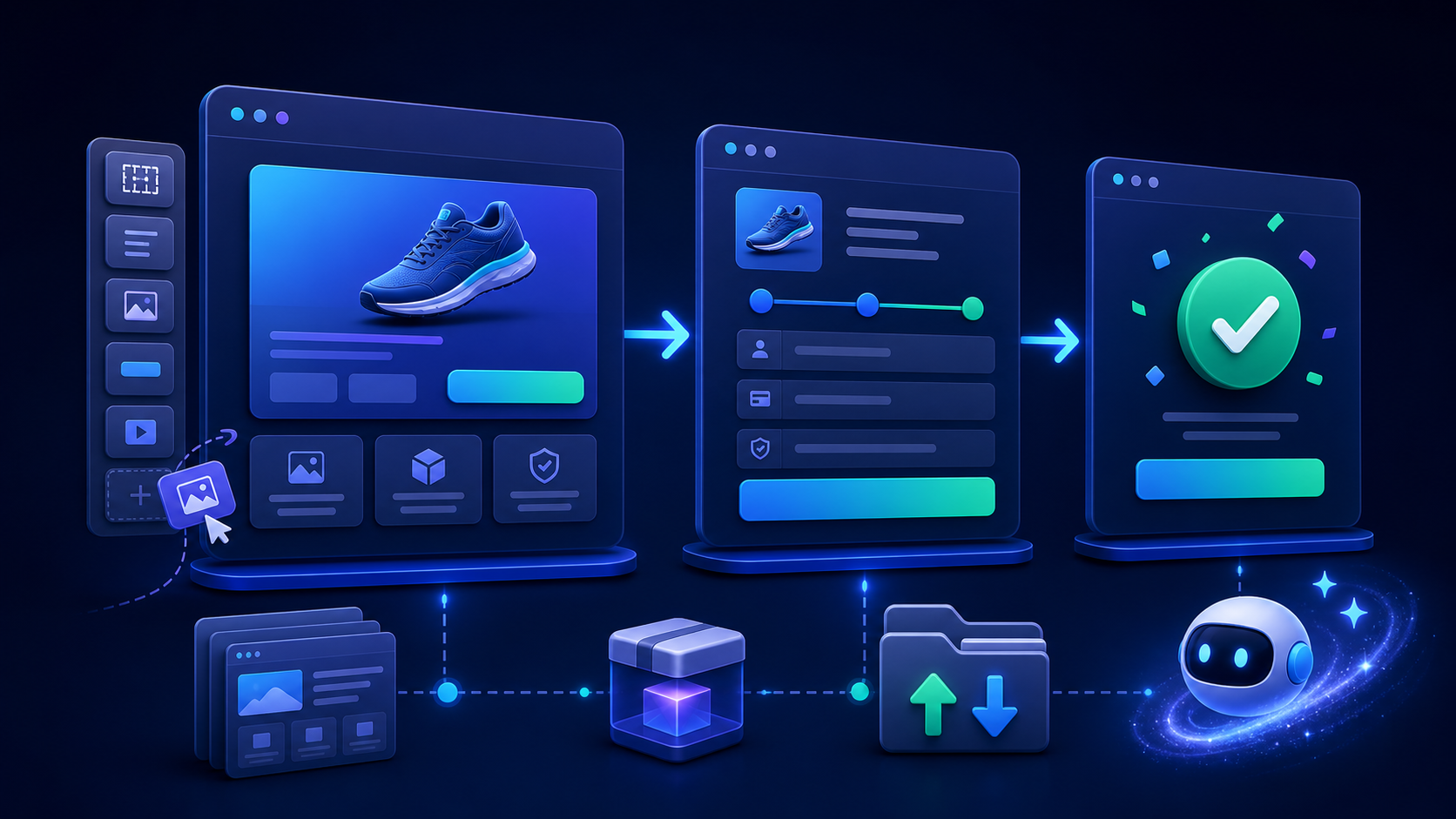Three-step ecommerce sales funnel connecting a product landing page, checkout and thank-you confirmation with visual editing and AI assistance.