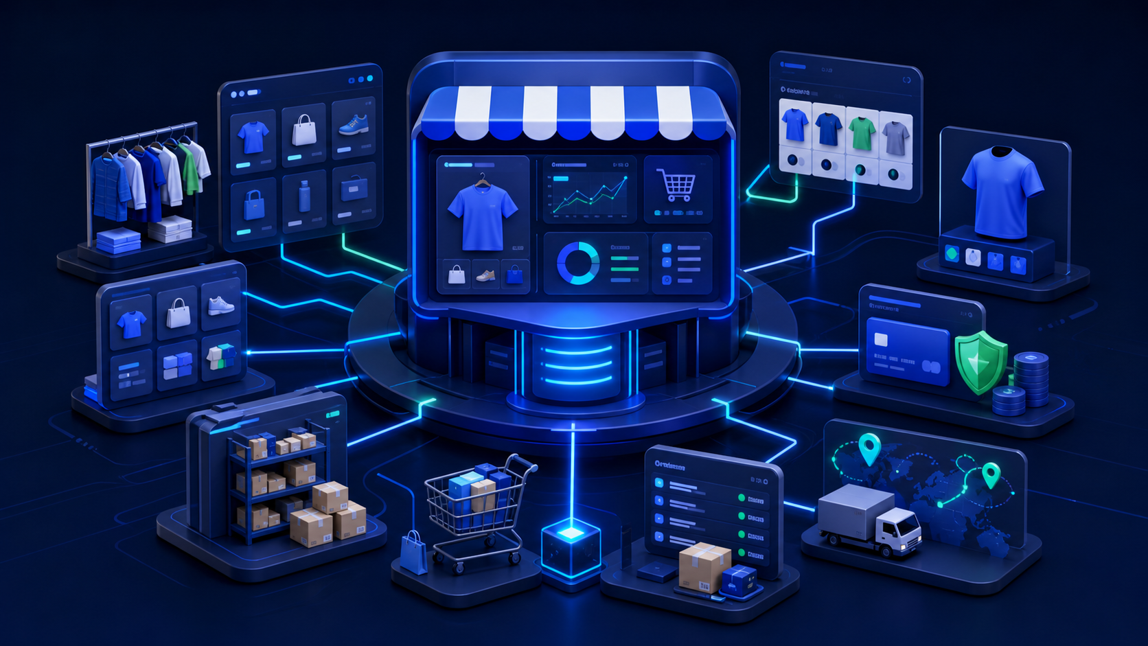 Central ecommerce storefront engine connected to products, categories, variants, inventory, orders, payments and delivery operations.