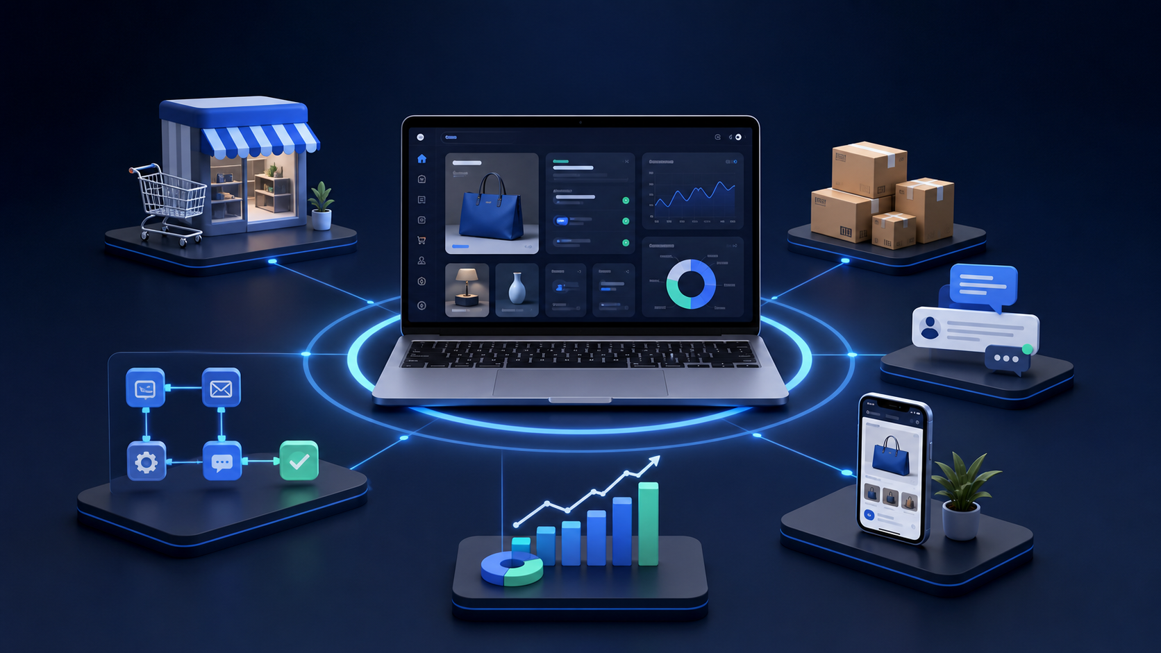 Jeepno smart commerce ecosystem connecting an online store, products, orders, customer communication, analytics, automation and mobile management.